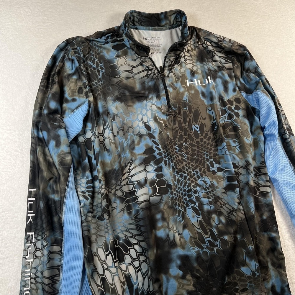 Huk Performance Fishing Pullover Mens Large Blue Camo 1/4 Zip Shirt Long Sleeve